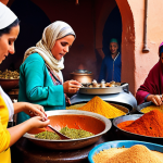 **Prompt:** A bustling Marrakech market scene. In the foreground, a group of women are gathered around a traditional tagine, preparing it with spices and lamb. The atmosphere is warm and inviting, showcasing Moroccan culinary traditions. Focus on vibrant colors, rich textures of the ingredients, and the communal aspect of cooking.