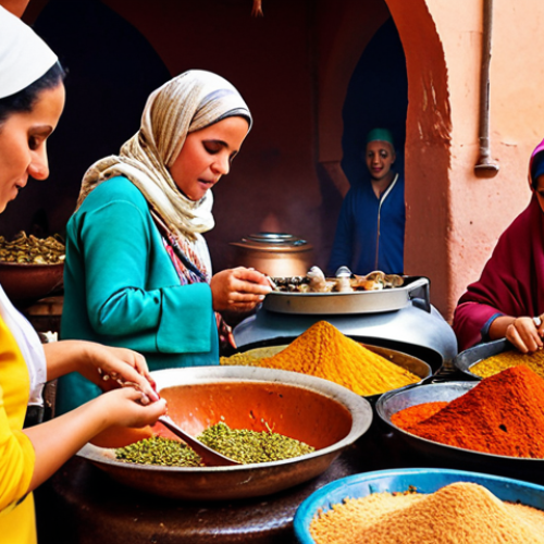 **Prompt:** A bustling Marrakech market scene. In the foreground, a group of women are gathered around a traditional tagine, preparing it with spices and lamb. The atmosphere is warm and inviting, showcasing Moroccan culinary traditions. Focus on vibrant colors, rich textures of the ingredients, and the communal aspect of cooking.