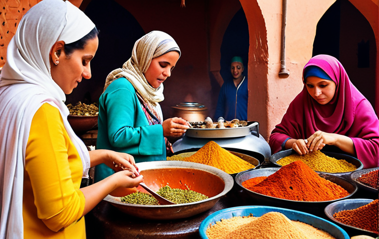 **Prompt:** A bustling Marrakech market scene. In the foreground, a group of women are gathered around a traditional tagine, preparing it with spices and lamb. The atmosphere is warm and inviting, showcasing Moroccan culinary traditions. Focus on vibrant colors, rich textures of the ingredients, and the communal aspect of cooking.